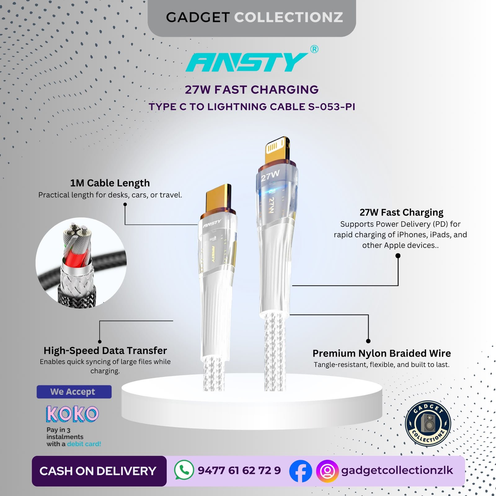 ANSTY S-053-PI – 27W LED Fast Charging Type-C to Lightning Cable