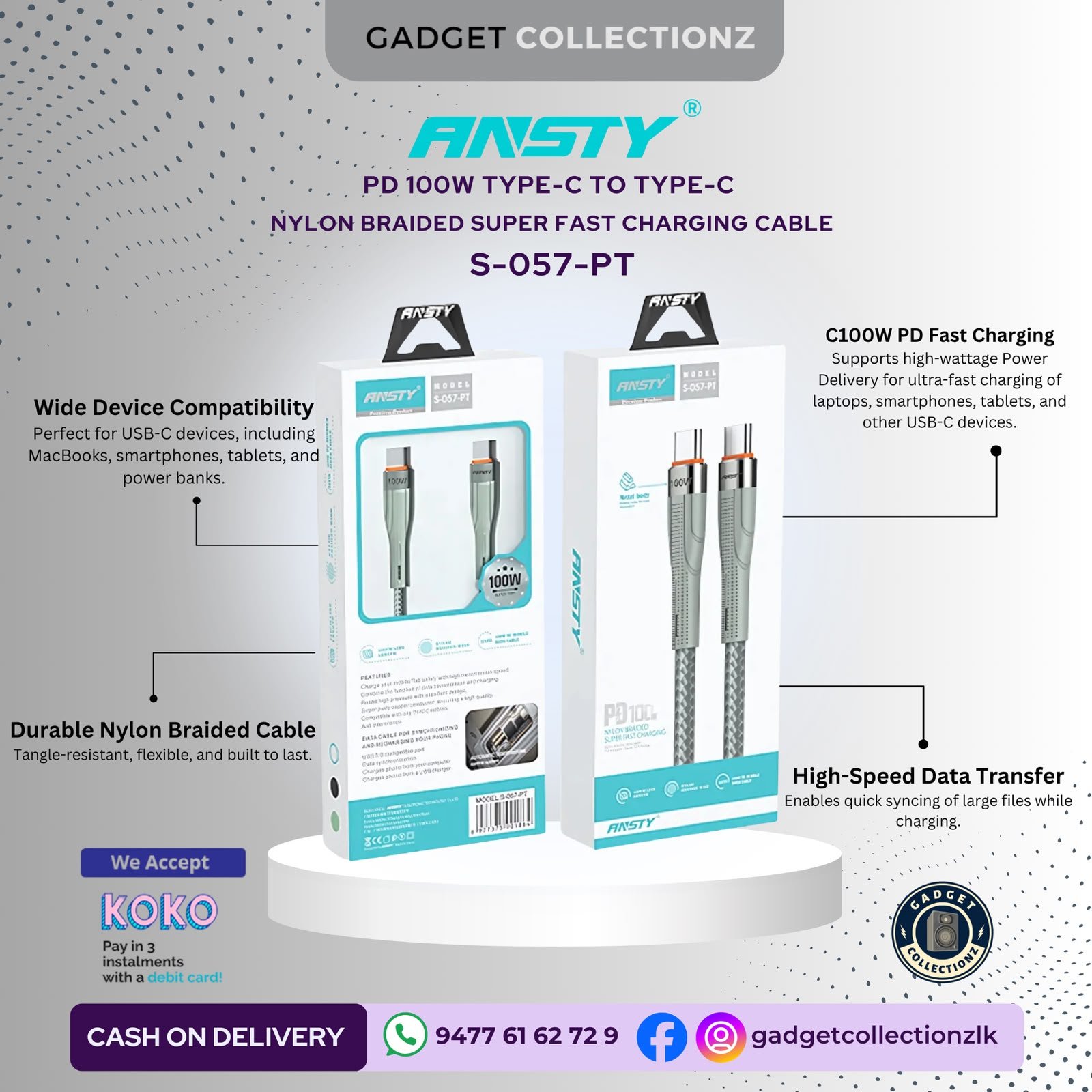 Ansty S-057-PT – PD 100W Type-C to Type-C Nylon Braided Super Fast Charging Cable