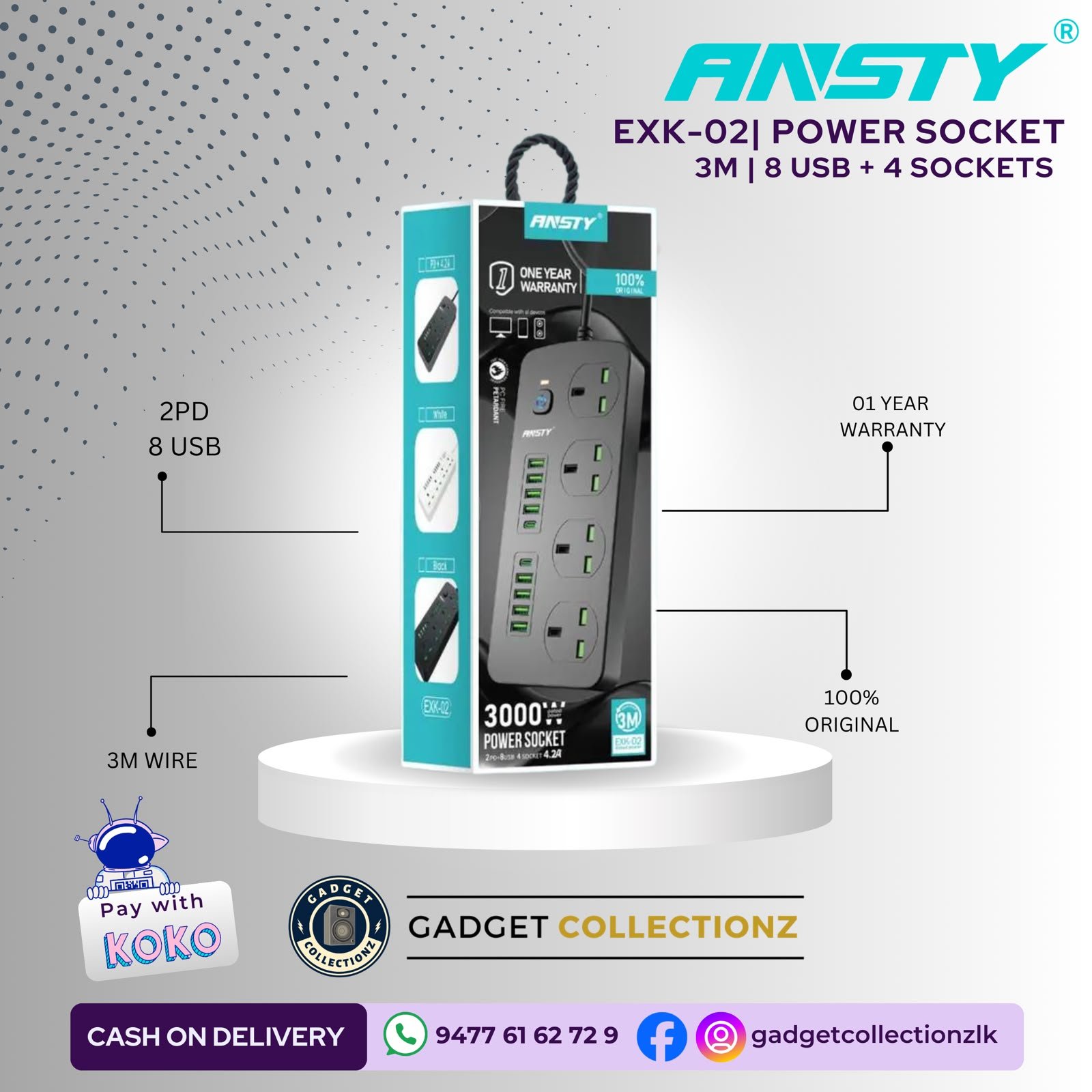 ANSTY EXK-02 Power Socket Extension | 4 Sockets + 8 USB + 2 PD Ports | 3000W